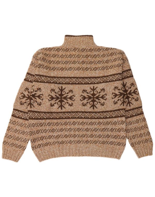 Vintage Mens Zip Neck Jumper Sweater Medium Brown Fair Isle Acrylic