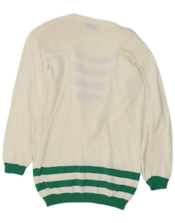 vintage Womens Graphic Boat Neck Jumper Pull EU 38 Moyen Blanc Rayé