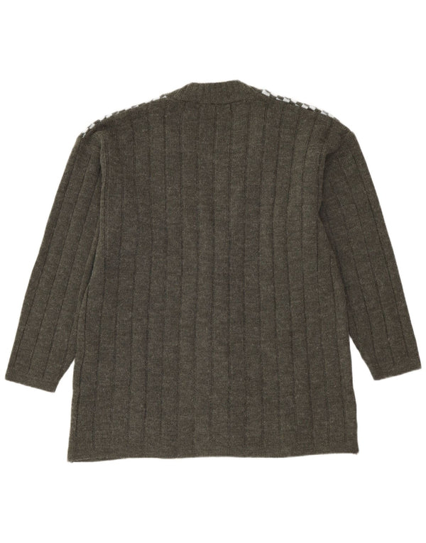 VINTAGE Womens Cardigan Sweater UK 14 Large Khaki Geometric Acrylic
