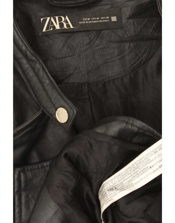 Zara Womens Crop Faux Leather Biker Jacket UK 12 Moyen Noir Polyéthylène