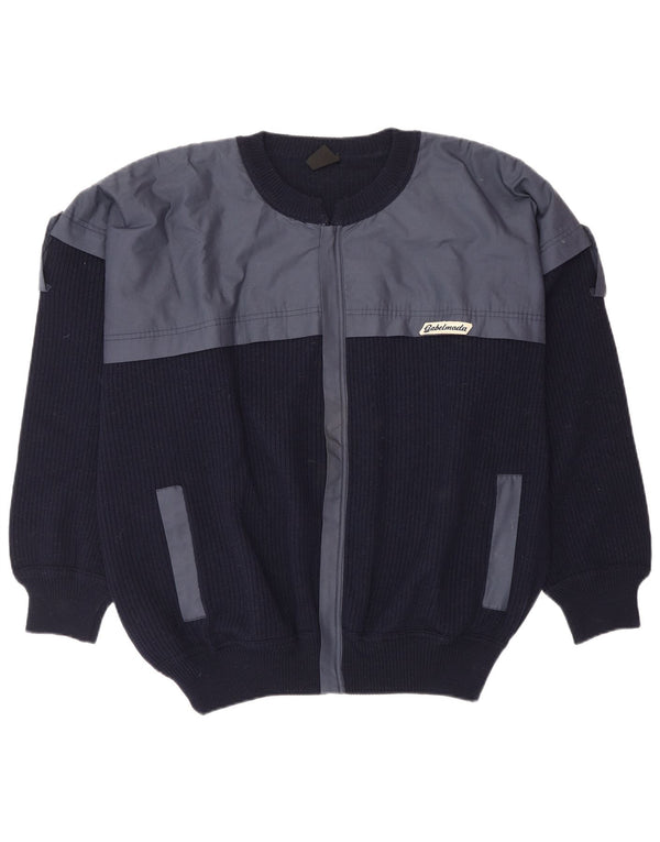 vintage Homme Cardigan Pull XL Bleu Marine Colourblock Laine