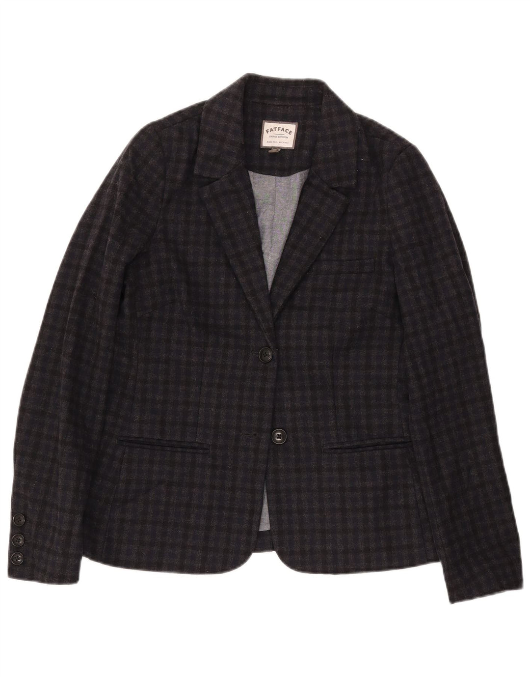 FAT FACE Womens 2 Button Blazer Jacket UK 12 Medium Navy Blue Gingham Wool