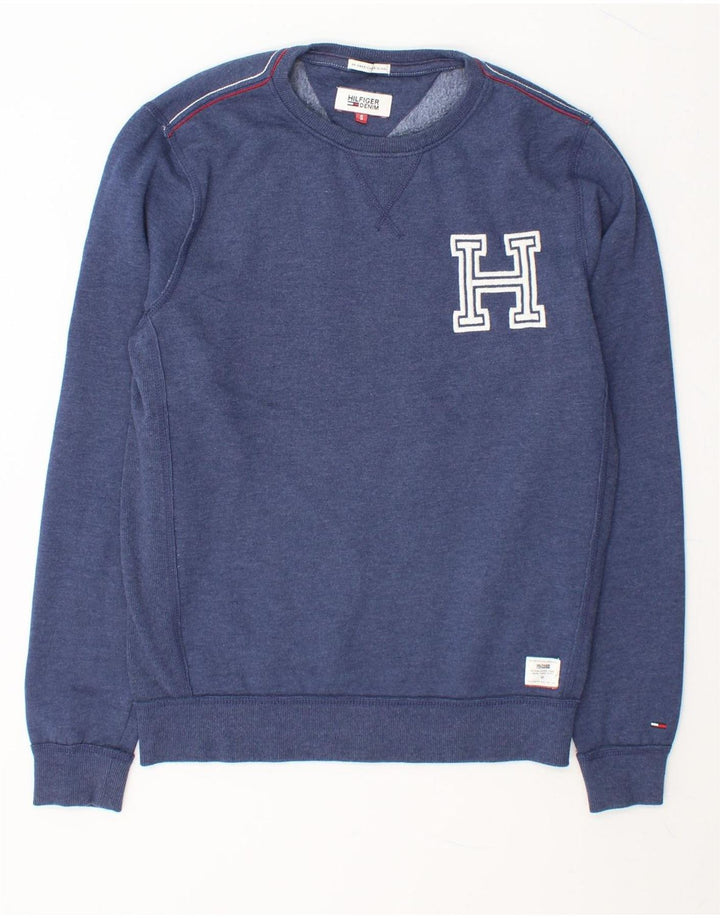 TOMMY HILFIGER Mens Graphic Sweatshirt Jumper Small Navy Blue Cotton Vintage Tommy Hilfiger and Second-Hand Tommy Hilfiger from Messina Hembry 