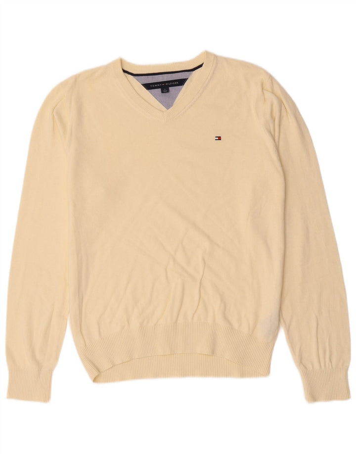 TOMMY HILFIGER Pull Col V Homme Blanc Cassé Moyen Coton