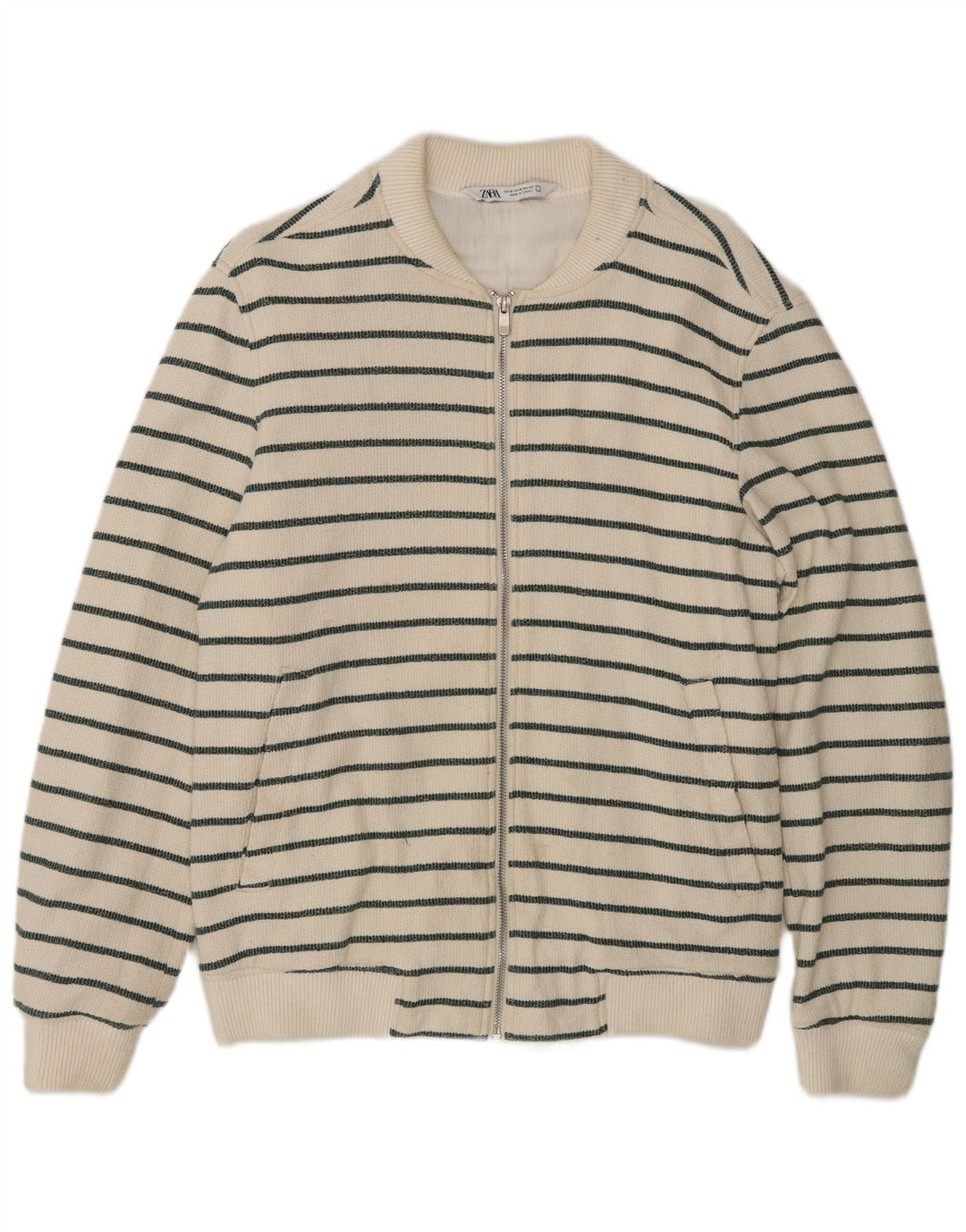 Zara Homme Cardigan Pull Moyen Blanc Rayé Coton