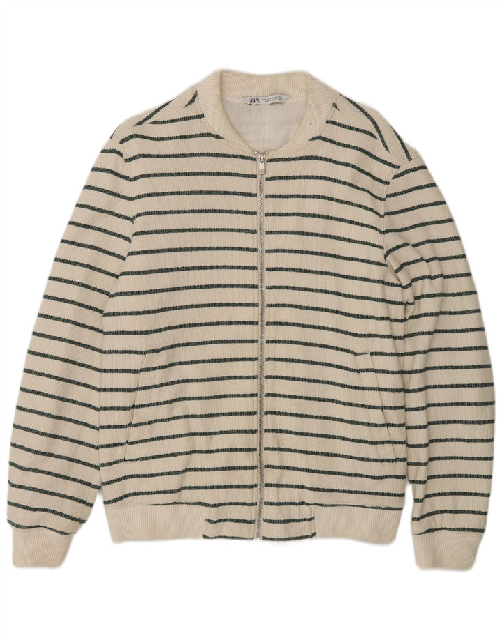 Zara Homme Cardigan Pull Moyen Blanc Rayé Coton