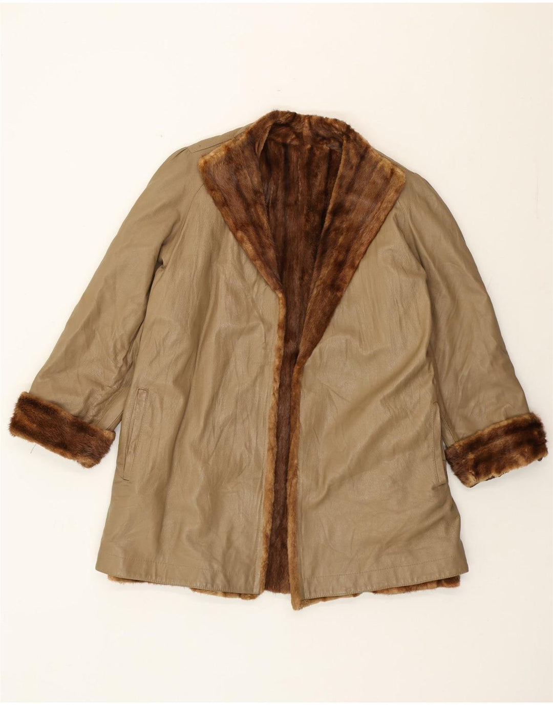 manteau en cuir de fourrure femme vintage UK 16 Grand Beige