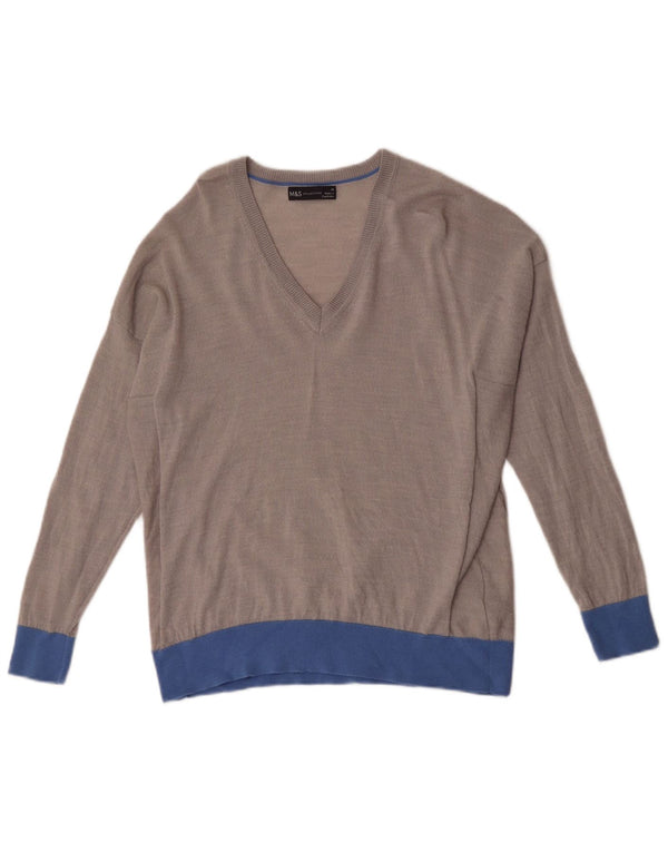 Marks & Spencer Pull col en V pour femme UK 44 Gris moyen Colourblock
