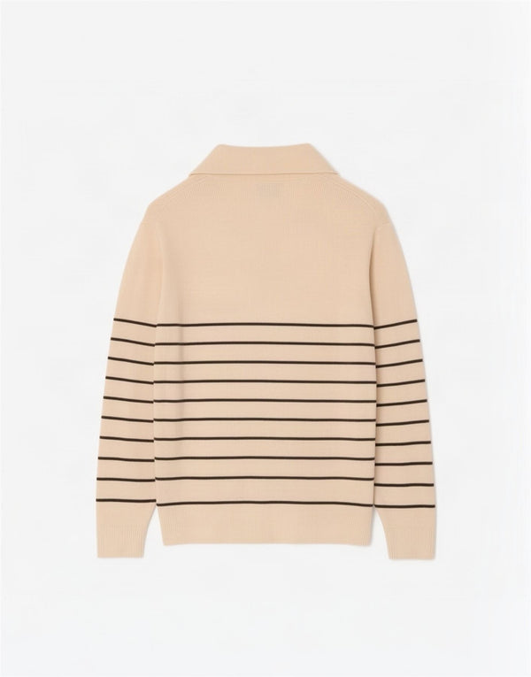 Massimo Dutti Pull à col zippé pour homme en coton rayé blanc cassé