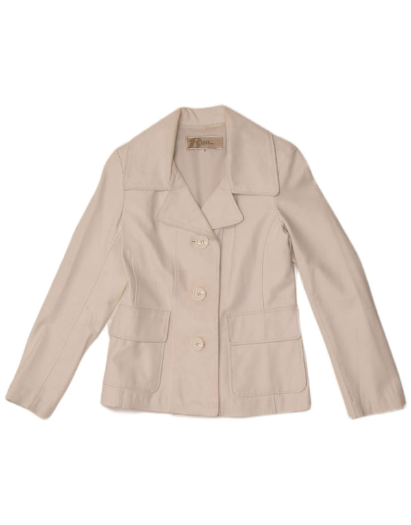 vintage Femme 3 Boutons Veste Blazer En Cuir UK 10 Petit Blanc