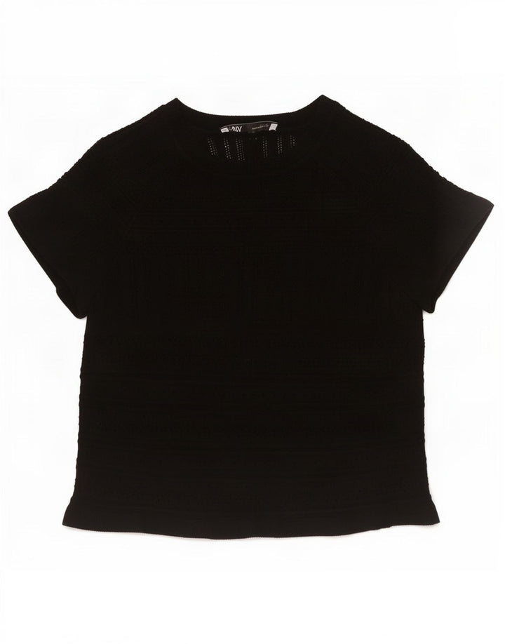 Zara Womens Crop Knit Blouse Top UK 12 Moyen Noir