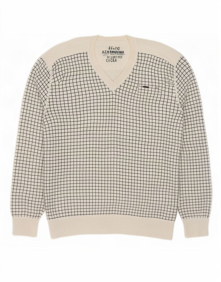 Jack & Jones Pull Col V Homme XL Blanc Carreaux Coton