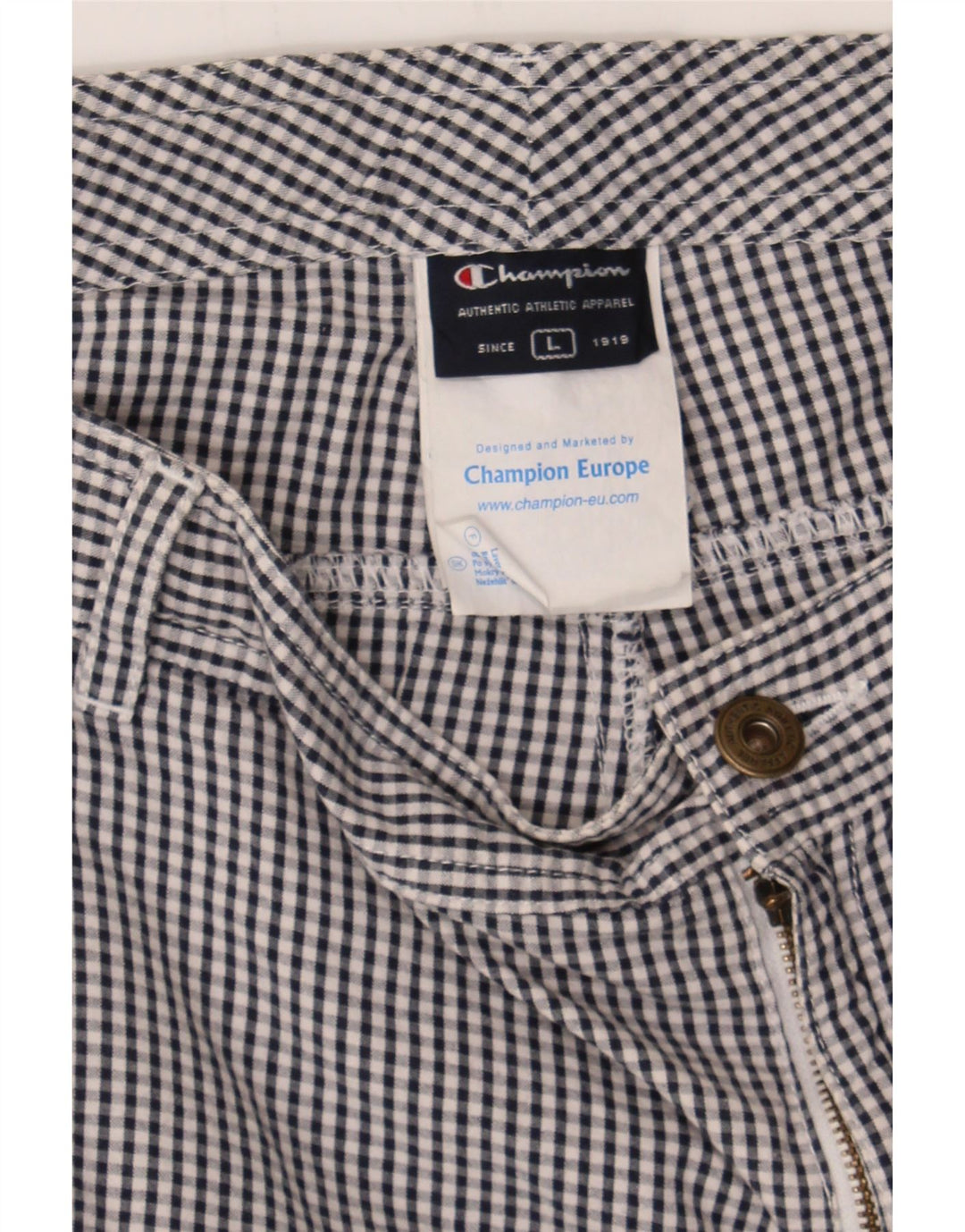 CHAMPION Womens Chino Shorts Large W34  Blue Gingham Cotton Vintage Champion and Second-Hand Champion from Messina Hembry 