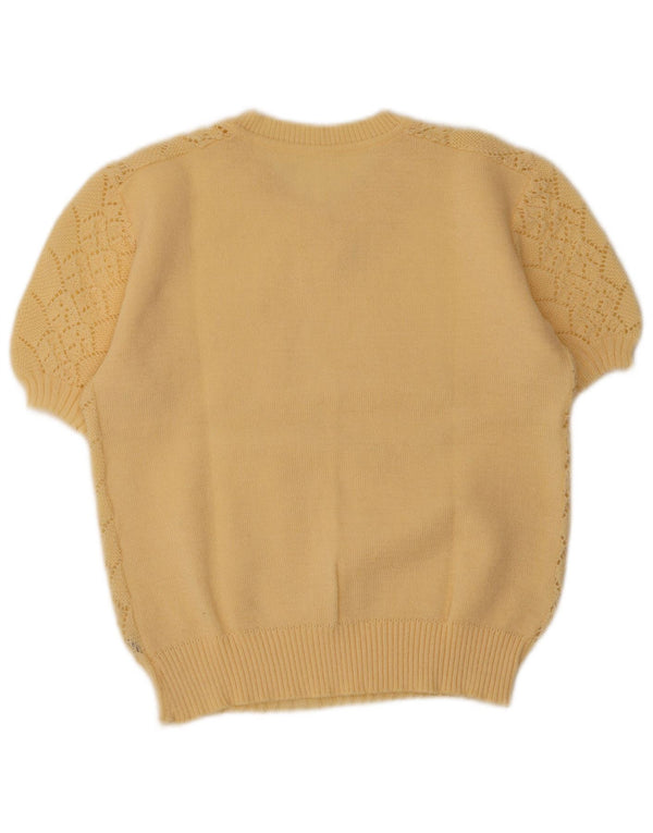 vintage Femme Manches Courtes Col V Pull Pull UK 14 Beige Moyen