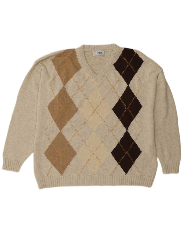 vintage Homme Col V Jumper Pull XL Beige Argyle/Diamond Coton