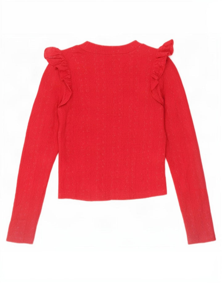 Zara Womens Crop Ruffle Front Top Manches Longues UK 8 Petit Rouge
