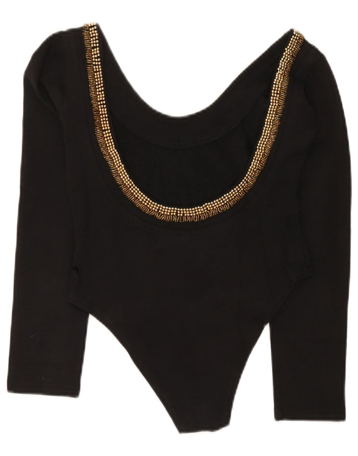 vintage Femme Manches Longues Body UK 12 Moyen Noir Coton
