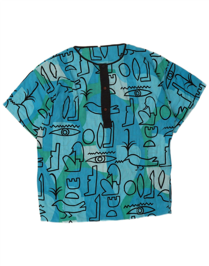 vintage Femme Blouse Top EU 44 XL Bleu Géométrique