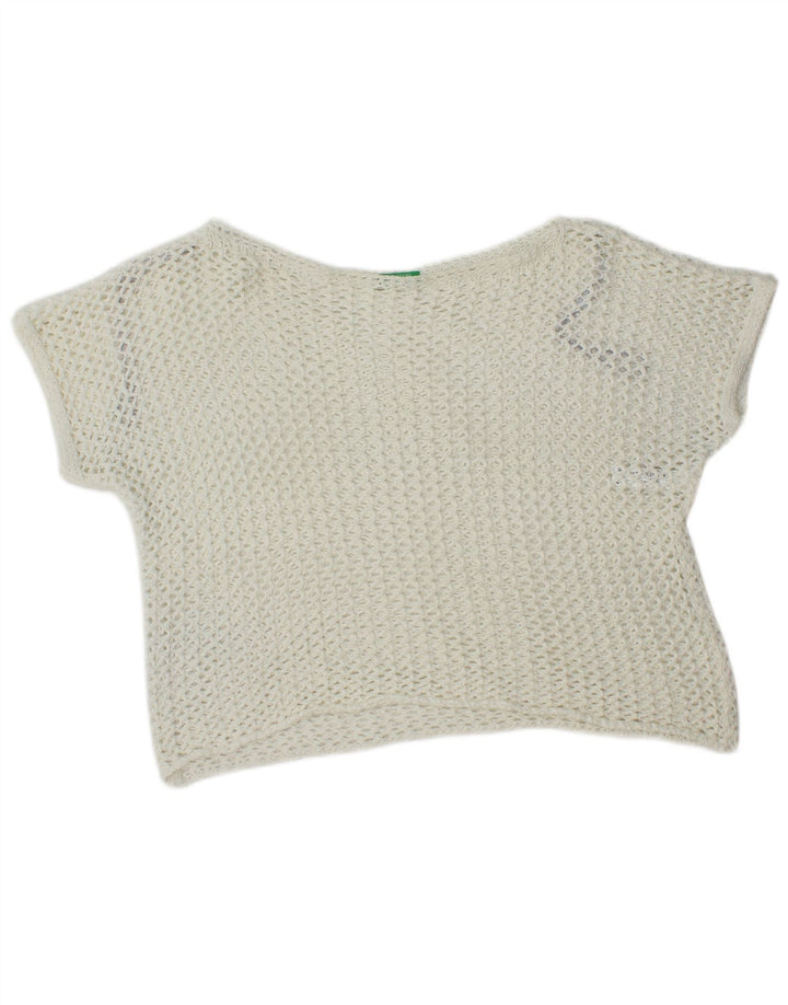 Benetton Haut court surdimensionné au crochet pour femme UK 10 Petit coton blanc