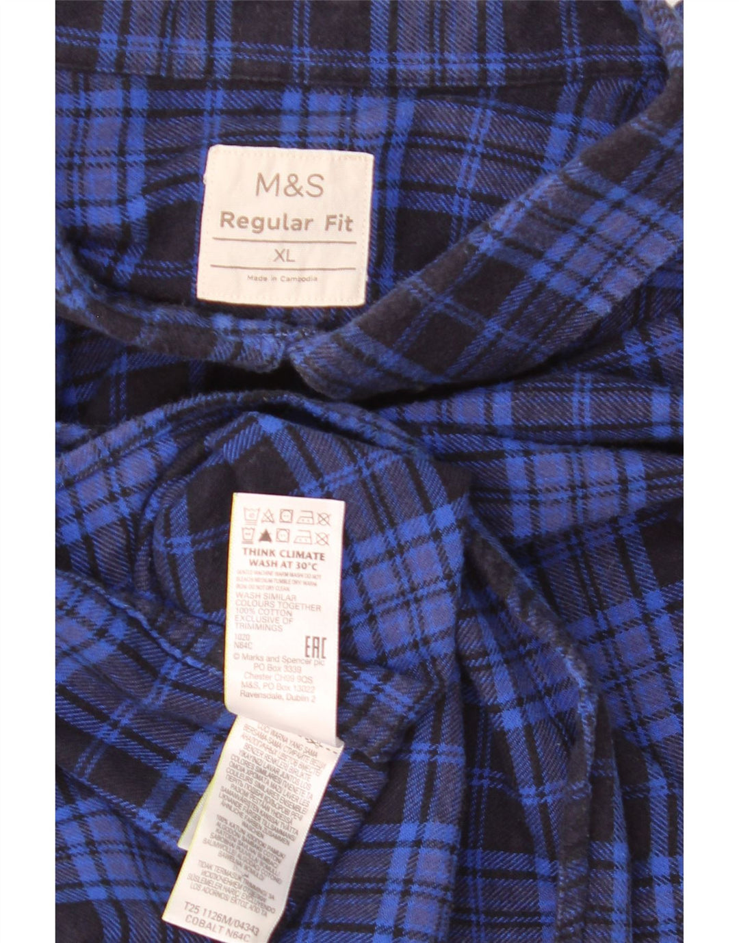 Marks & Spencer Chemise en flanelle coupe classique pour homme XL Bleu à carreaux en coton