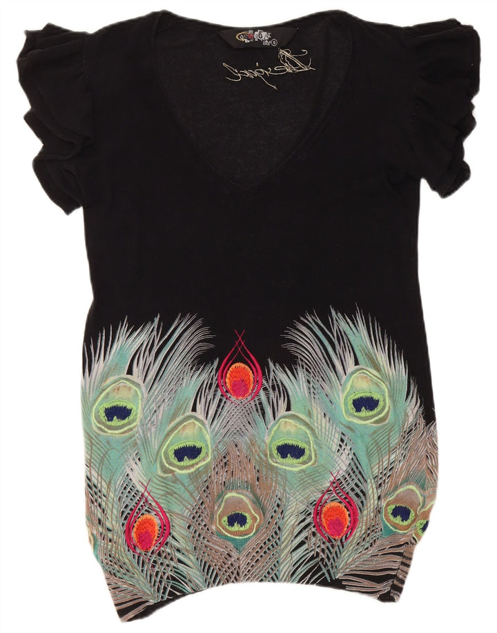 DESIGUAL Pull à col en V à motif abstrait pour femme UK 10 Small Noir