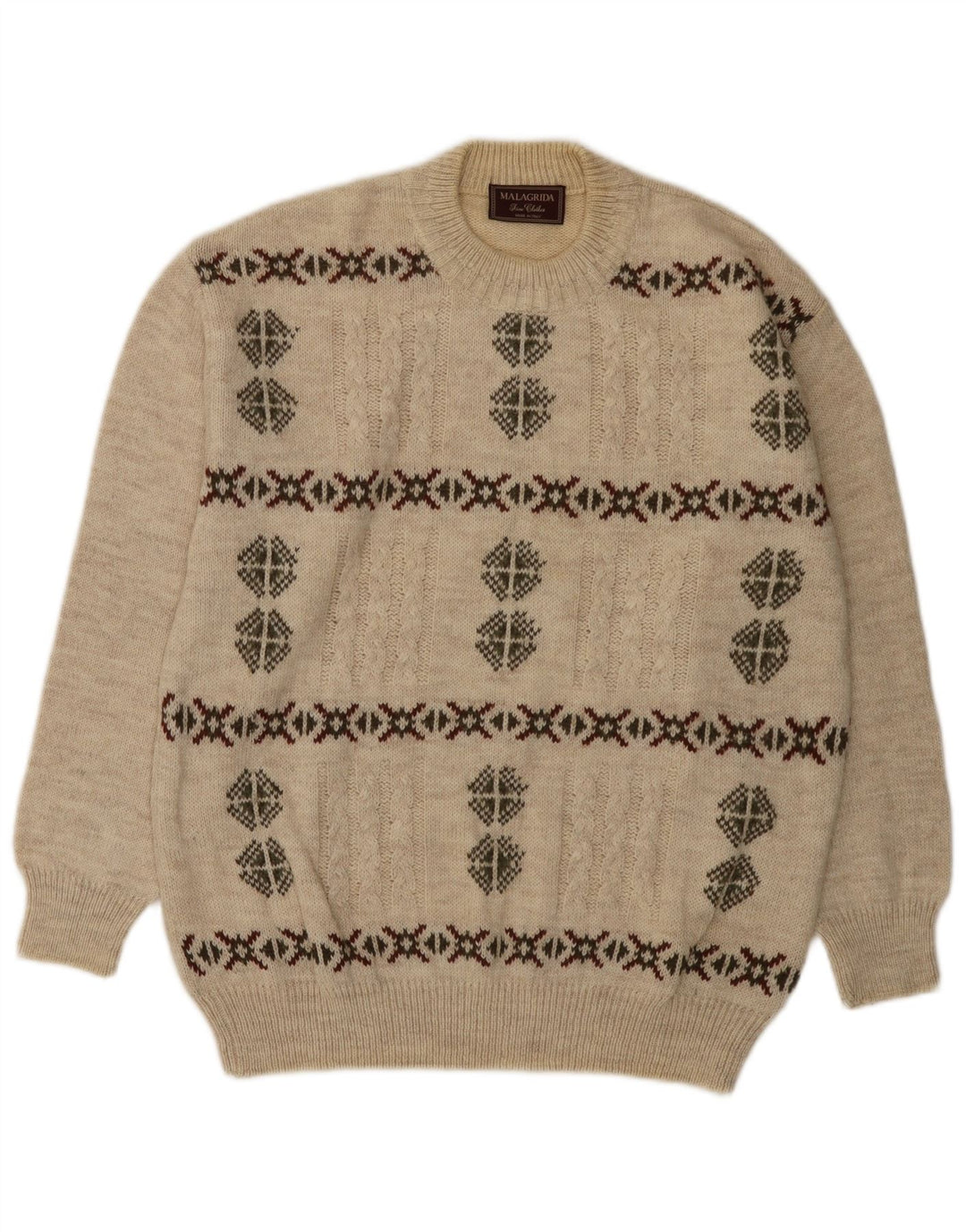 MALAGRIDA Pull à col rond pour homme Large Beige Fair Isle