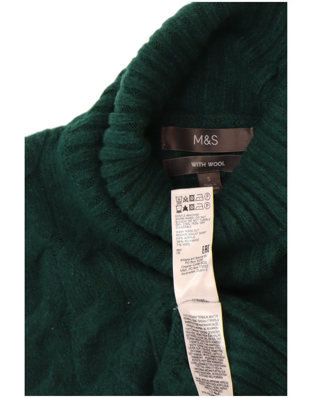 MARKS & SPENCER Pull col roulé pour femme UK 10 Petit Acrylique Vert