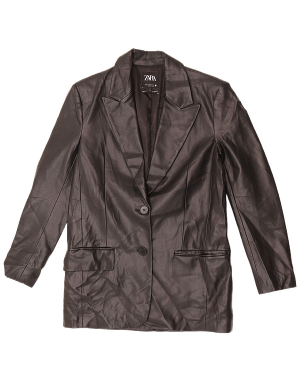 Zara Veste blazer surdimensionnée en simili cuir à 2 boutons pour femme UK 6 XS Noir