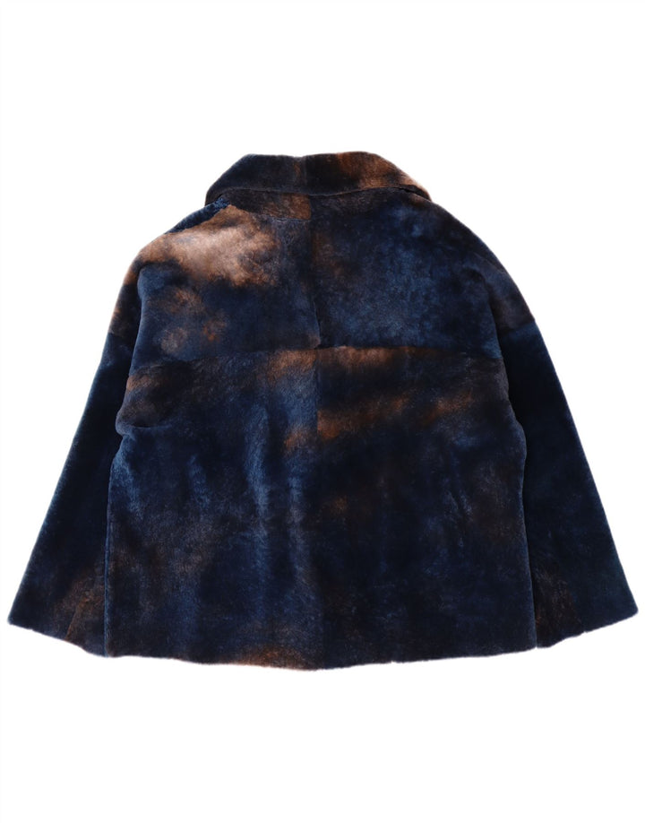 VINTAGE Veste de Fourrure Oversize Femme IT 50 XL Cuir d'Agneau Bleu Marine