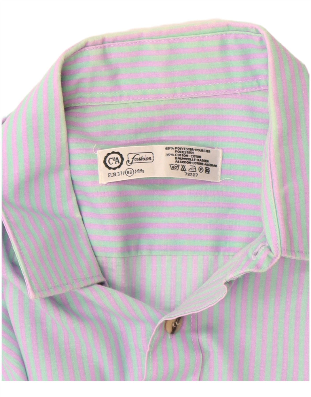 C & A Mens Short Sleeve Shirt UK 14 1/2 Small Blue Striped Polyester