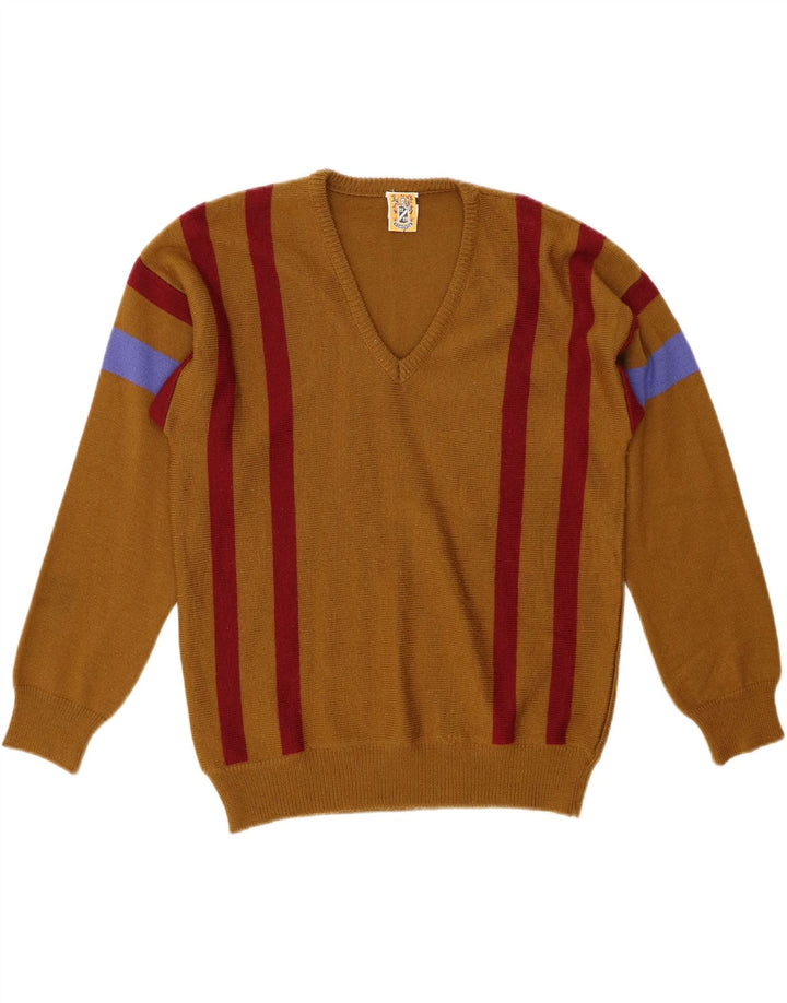 4 CASTELLA Pull Col V Homme IT 50 Laine Rayée Marron Moyen