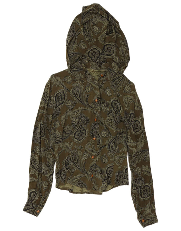 vintage Femme Chemise à capuche Blouse UK 14 Grand Kaki Paisley