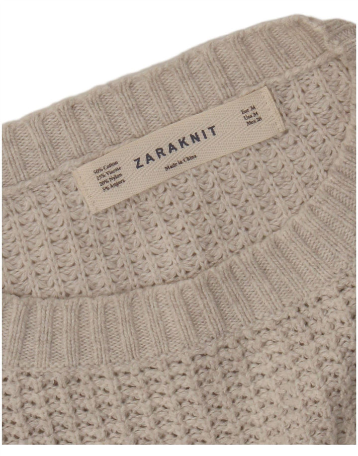 Zara Womens Batwing Crop Crew Neck Jumper Pull UK 14 Coton Beige Moyen