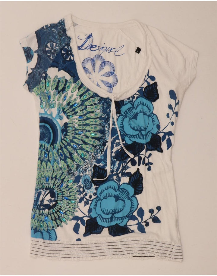 Desigual T-shirt graphique pour femme UK 14 Large Blanc Floral