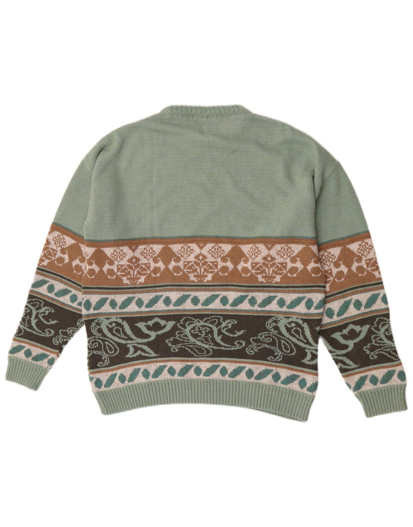 vintage Mens Crew Neck Jumper Pull Grand Vert Paisley Acrylique