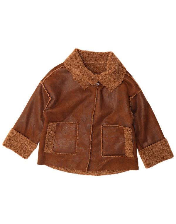 vintage Femmes 3/4 Manches Surdimensionné Sherpa Veste UK 14 Brun Moyen