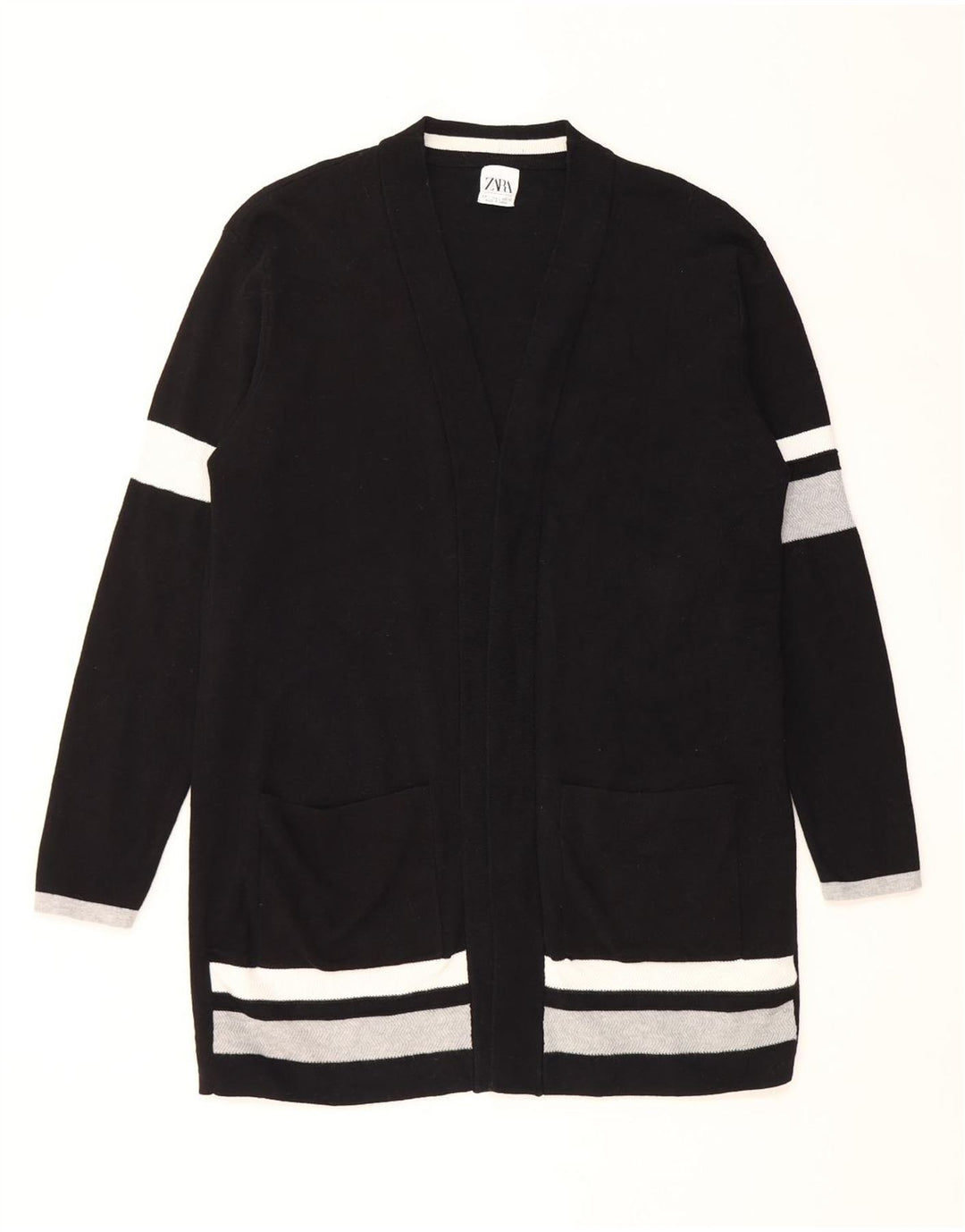 Zara Womens Longline Cardigan Sweater EU 42 Large Noir Colorblock Coton