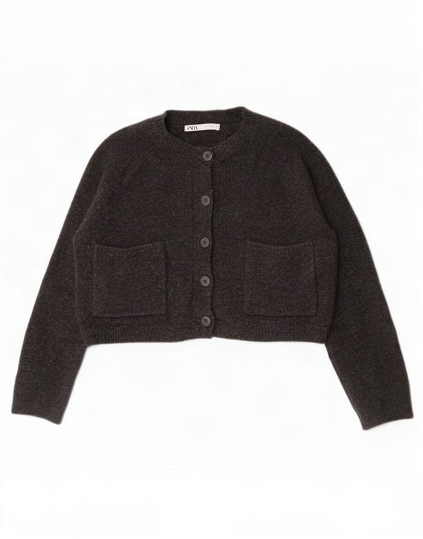 Zara Womens Crop Oversized Cardigan Sweater UK 10 Small Grey Acrylic