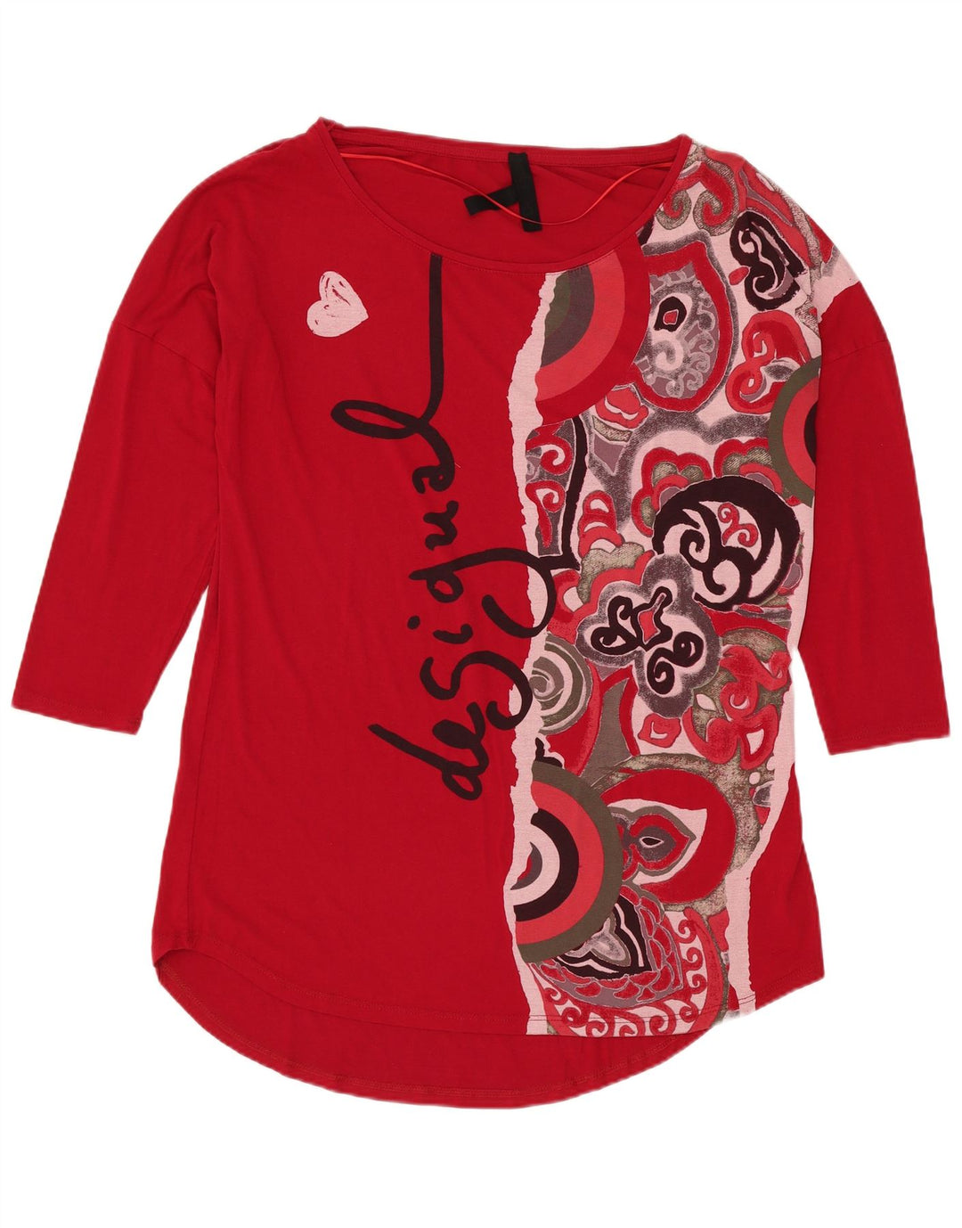 DESIGUAL Haut Graphique Femme Manches 3/4 UK 14 Rouge Moyen Viscose