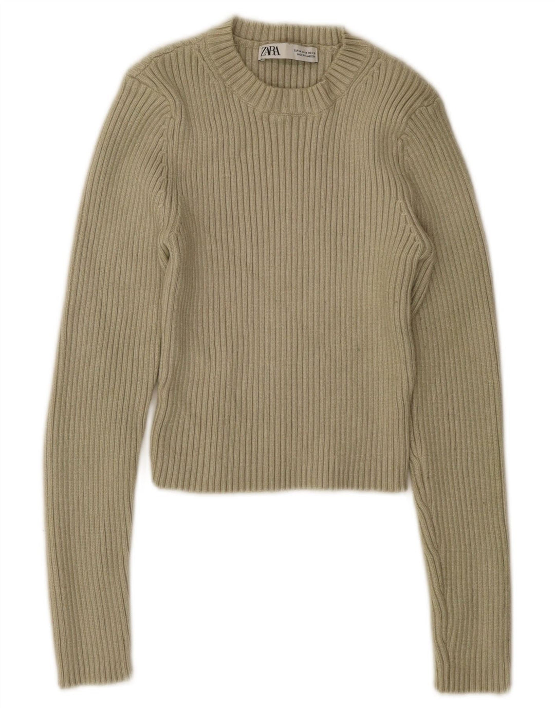 ZARA Womens Crop Crew Neck Jumper Sweater UK 12 Medium Khaki
