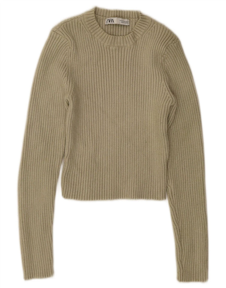 ZARA Womens Crop Crew Neck Jumper Sweater UK 12 Medium Khaki