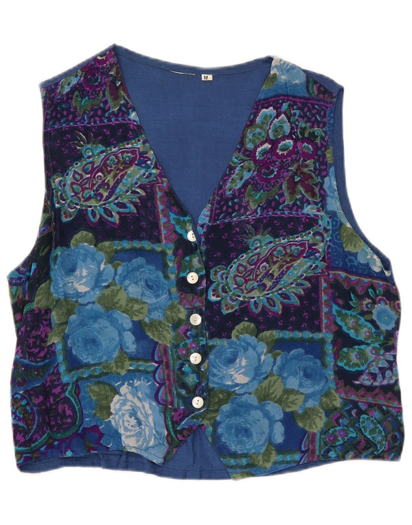 gilet femme vintage UK 14 Moyen Bleu Floral Viscose Rétro