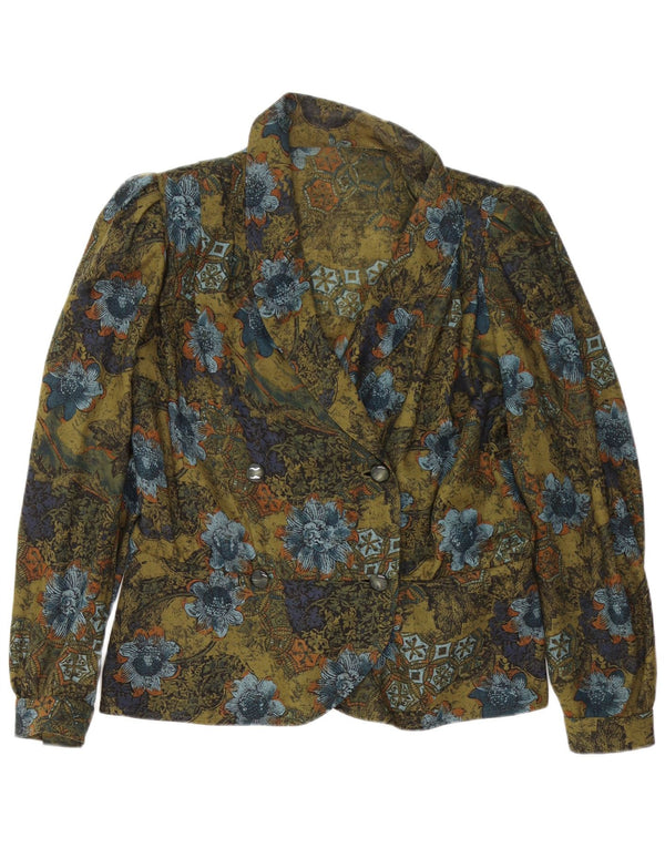 vintage Femmes Manches Longues Cardigan Top UK 14 Grand Vert Floral Rétro