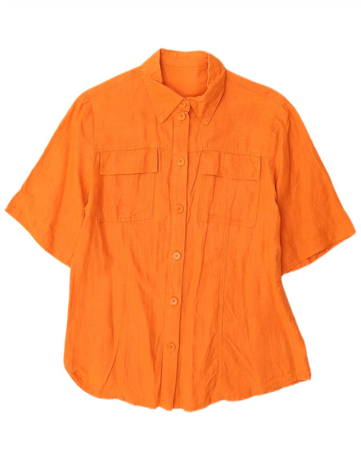 VINTAGE Chemise à manches courtes femme UK 12 Lin orange moyen