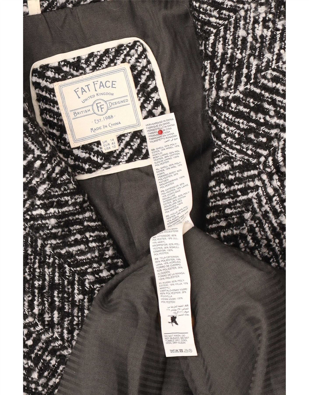 Fat Face Pardessus coupe ample pour femme UK 44 Grand noir à chevrons classique