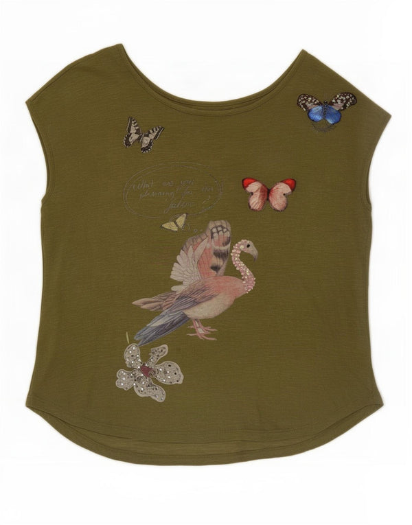 Desigual T-shirt graphique pour femme UK 10 Small Kaki Coton