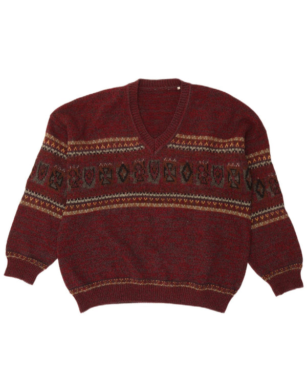 vintage Mens V-Col Jumper Sweater IT 56 XL Bourgogne Géométrique Laine