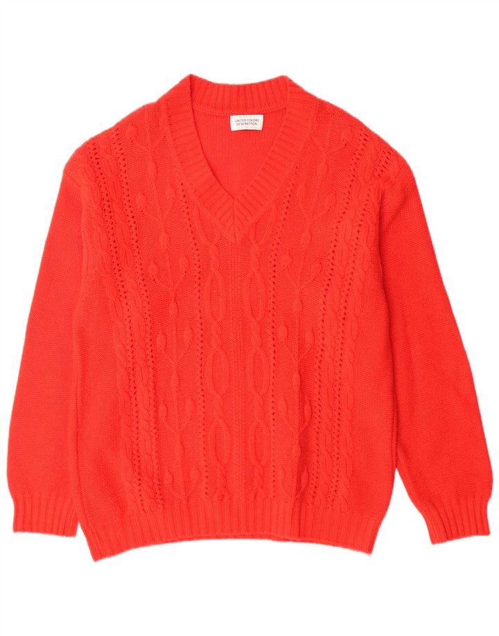 BENETTON Pull col V pour homme en laine vierge rouge Large
