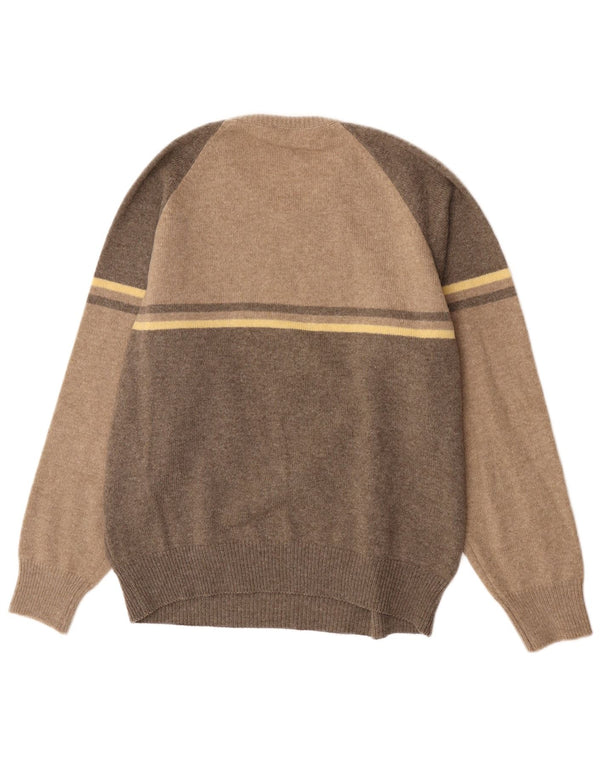 vintage Mens Crew Neck Jumper Pull IT 52 XL Marron Colourblock Nouvelle Laine