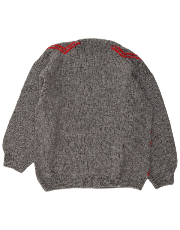 vintage Mens Crew Neck Jumper Pull Grand Gris Géométrique